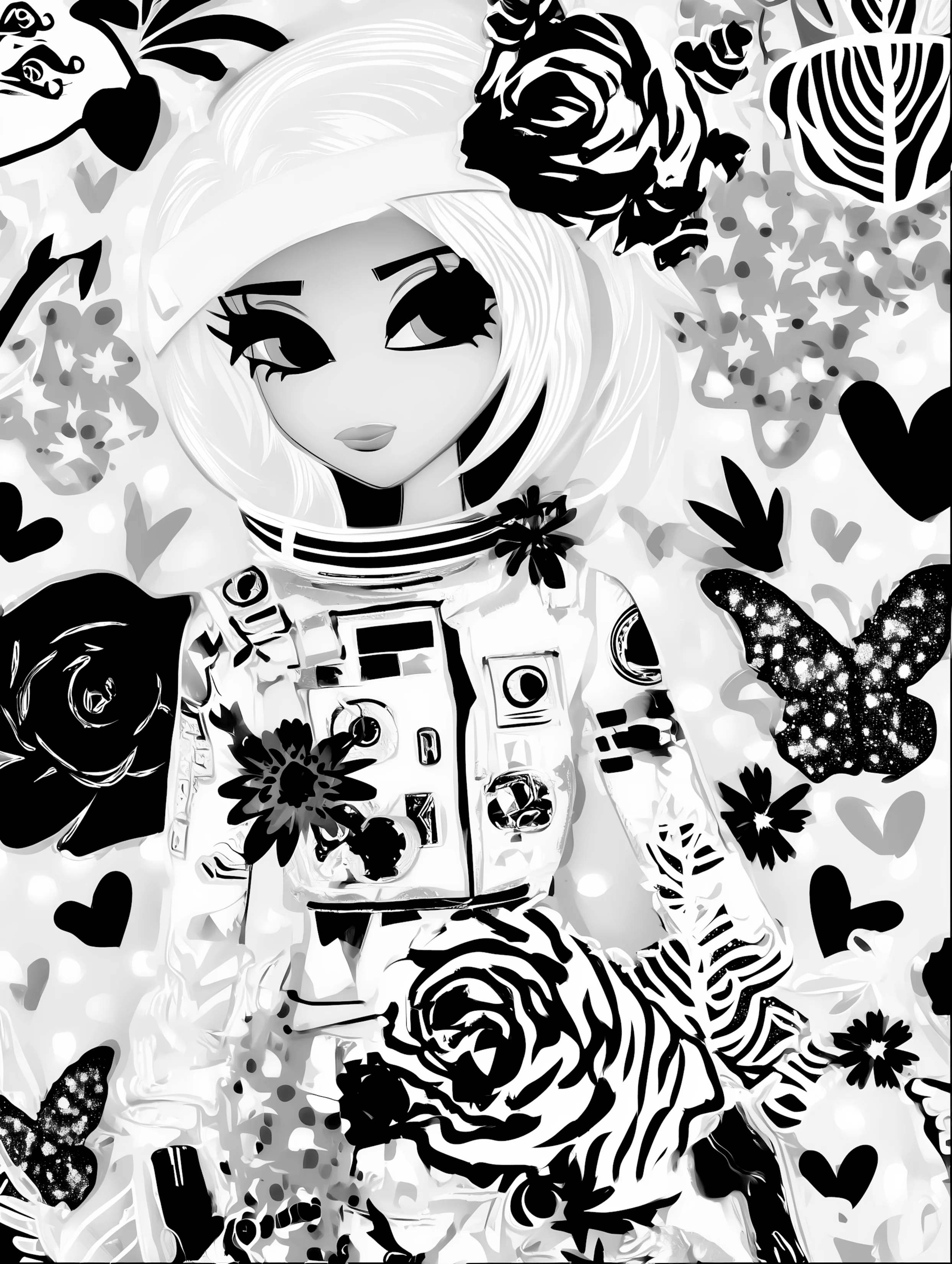 Free printable astronaut coloring pages for adults featuring black and white blonde astronaut